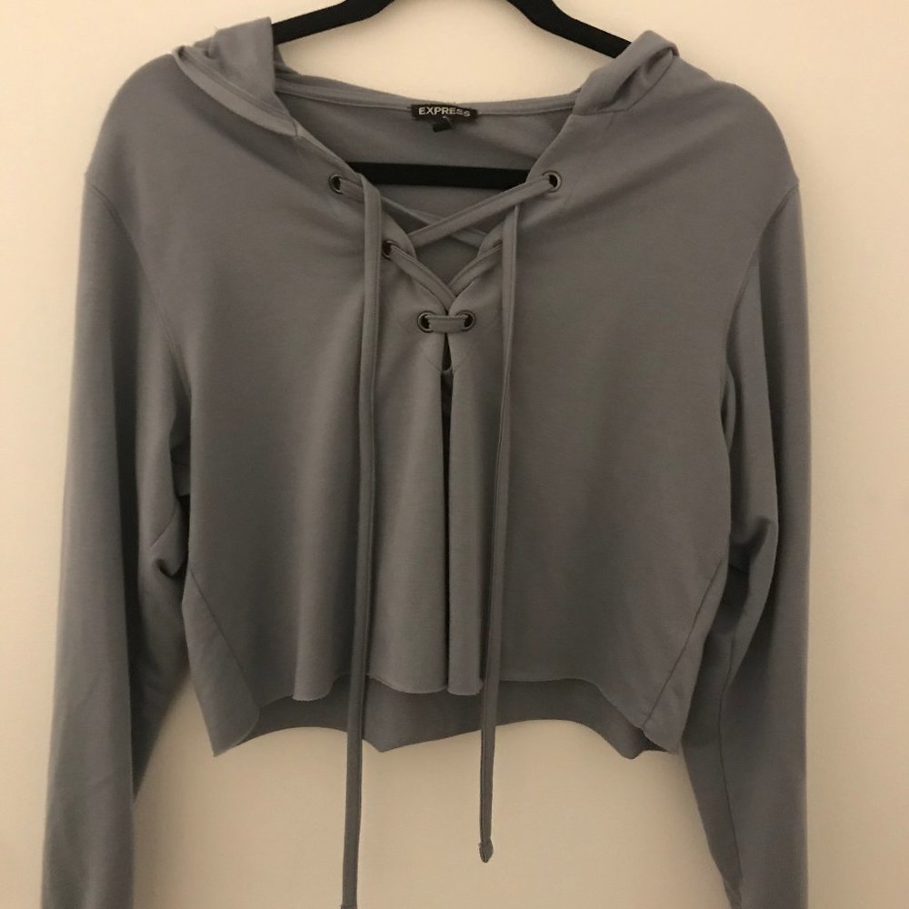 Purple lace up cropped sweater with hood
